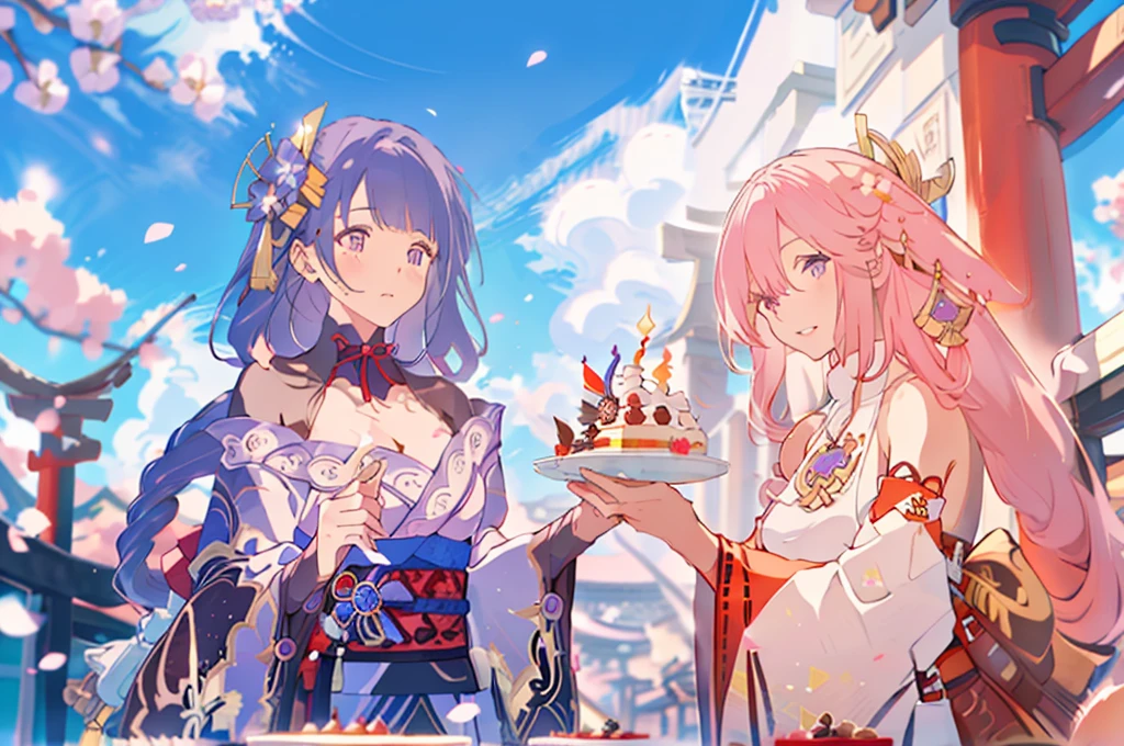 masterpiece, best quality,raiden shogun, multiple girls, 2girls, yae miko, pink hair, urple hair, japanese clothes, long hair, animal ears, hair ornament, fox ears, detached sleeves, kimono, ((birthday cake)), japanese temple, japan, sakura petals
