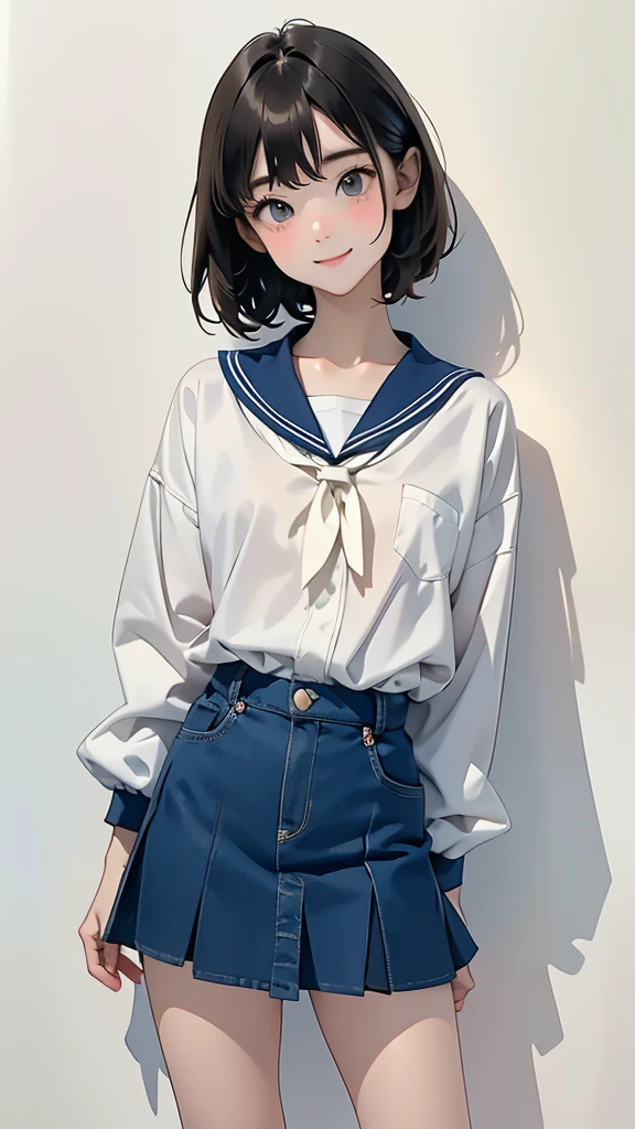 (1 Girl、alone、whole body、14 years old、natural standing posture)、(Standing casually)、(whole body:1.4)、(whole bodyショーケース)、(whole bodyを見せる)、((Character Concept Art))、(Portraiture:1.2)、(Detailed facial depiction、Carefully drawn face、A kind smile)、Short dark brown hair、Sailor suit、Navy blue sailor collar、uniform、Short skirt:1.37、超Short skirt、shoes、loafers、(Vintage、Classic)、((No background))、((White Background))、Blur the background、(No logo)、((watercolor))、Impressionist style painting、(Highest quality、masterpiece)、