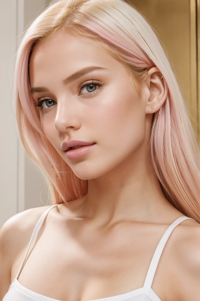 Girl with golden hair sharp nose
Pink lips perfect  white body 
On white bad 