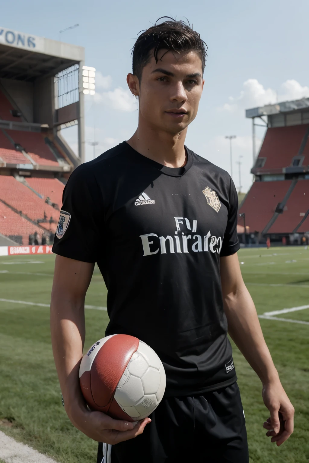best qualityer, super realistic photo, Super high resolution, cristiano ronaldo, with a black UFL football shirt , holding a football, with a view of a beautiful crowd in a beautiful stadium, landscape format.