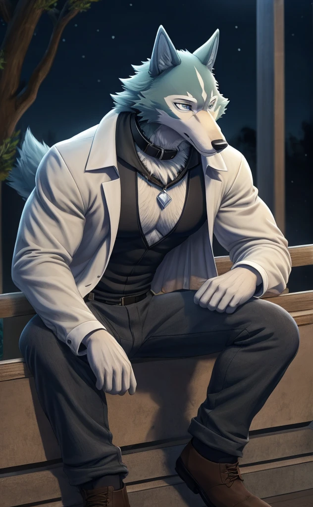 Shirou has white fur accented by teal fur covering his back and the top of his head, He has gray fur on the bridge of his black nose, and a white diamond-shaped pattern on his forehead, He has a small, disheveled mane of fur around his neck that spills out all over, His eyes are still ice blue, and he still wears a light tan trench coat with the collar up, a black sweater, black cropped gloves, a pair of slim dark gray chinos, and dark brown chelsea ankle boots, Shirou wears a dark brown dog collar with a silver buckle around his neck clothes. anthro wolf, male, adult, muscles, blue fur, buffed body, tail, sexy, beefy body, furred body, furry chest hair, realistic, full body, photorealistic, ultra realistic, 8k, night, bare-chested