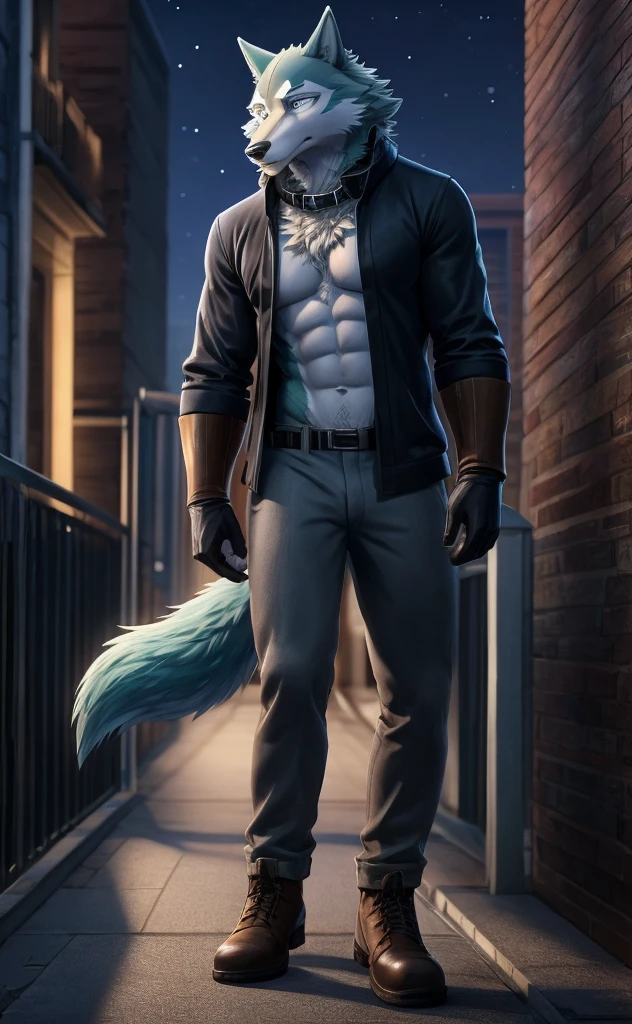 Shirou has white fur accented by teal fur covering his back and the top of his head, He has gray fur on the bridge of his black nose, and a white diamond-shaped pattern on his forehead, He has a small, disheveled mane of fur around his neck that spills out all over, His eyes are still ice blue, and he still wears a light tan trench coat with the collar up, a black sweater, black cropped gloves, a pair of slim dark gray chinos, and dark brown chelsea ankle boots, Shirou wears a dark brown dog collar with a silver buckle around his neck clothes. anthro wolf, male, adult, muscles, blue fur, buffed body, tail, sexy, beefy body, furred body, furry chest hair, realistic, full body, photorealistic, ultra realistic, 8k, night, bare-chested