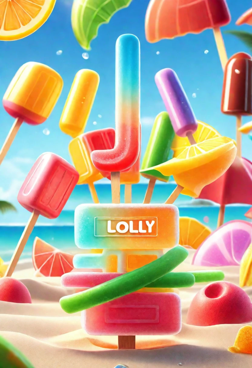 ice lolly text, cartoony, ice cubes background, summer beach, Special features, Octane rendering and blender, hyper quality, clear features, Ultra HD and 8K resolution,Fresh hand drawn illustration