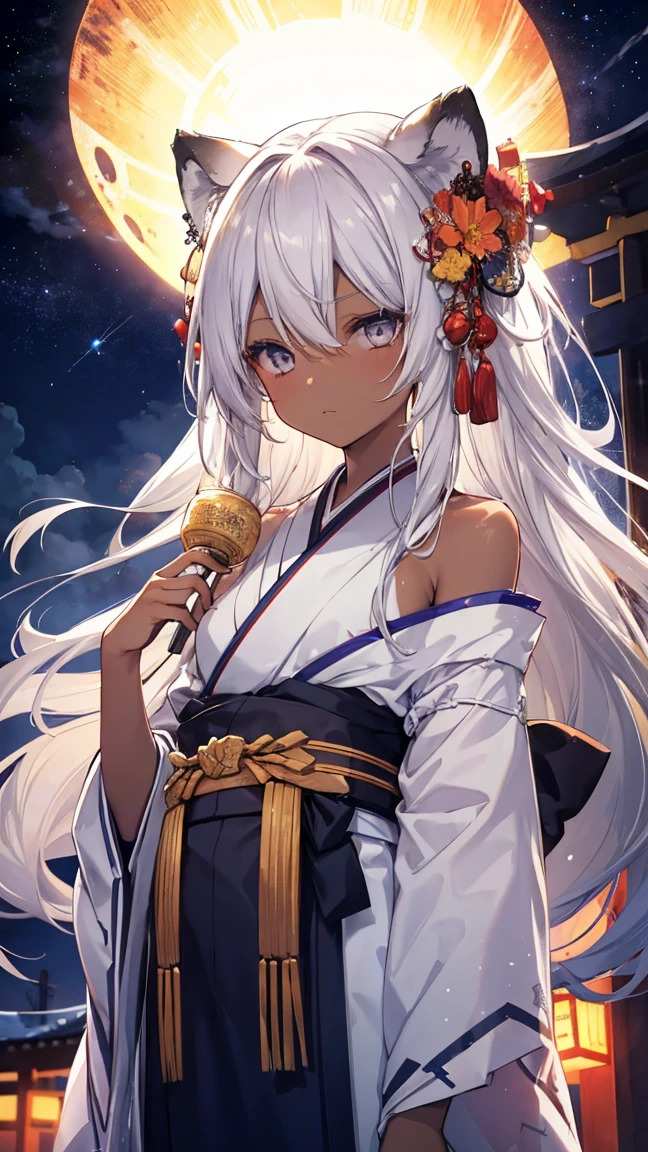 High resolution、Girl、Silver Hair、Long Hair,(Brown skin,Dark Skin,Sunburn),Lion ears、Grey Eyes、Slender、Toned body、kimono,festival,Starry Sky,torii,Shoulder,