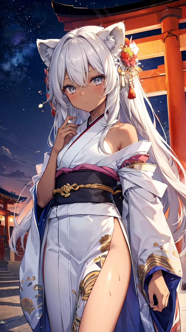 High resolution、Girl、Silver Hair、Long Hair,(Brown skin,Dark Skin,Sunburn),Lion ears、Grey Eyes、Slender、Toned body、kimono,festival,Starry Sky,torii,Shoulder,