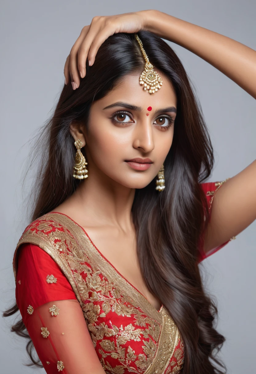 a very beautiful indian woman with long hair and a red dress is holding her head, looking straight at camera, half portrait, photorealistic, photo-realistic:1.37, best quality, ultra-detailed, realistic, vivid colors, studio lighting, professional