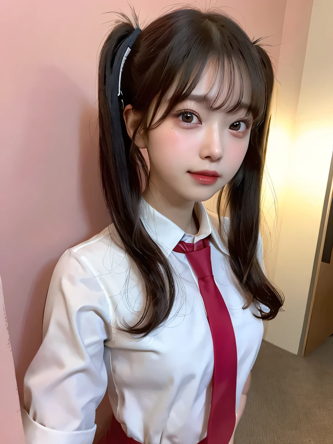 One person、s old、Full body photo,slender、woman、White drool coming out of the mouth、smile、、Short Twin Tails、 Fair skin, messy hair, super cute、Soft and Face、8K resolution、Surreal、Ultra high definition、 A-cup small breasts((Highest resolution、8K、masterpiece:1.3))、Ultra-fine face、Ultra Fine Lips、Beautiful Eyes、double eyelid,Pink wall、Red tie、Light blue shirt、White Skirt、Thighs、thin,Thighsが見える、Shapely small breasts、sexy、So cute!