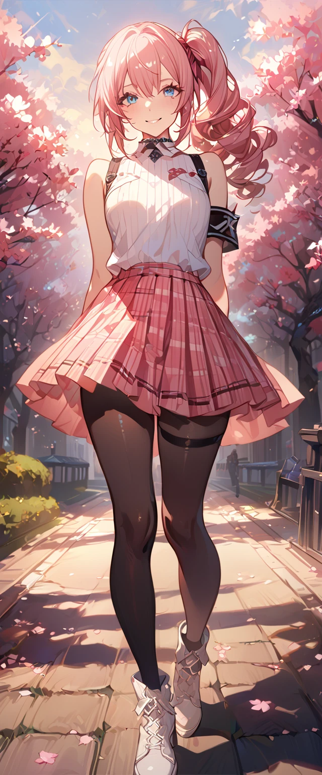 masterpiece, best quality, 8k, 4k, 1girl, (masterpiece, best quality:1.2), 1girl, serah farron, smile, looking at viewer, arms behind back, blue eyes, long curly side ponytail, black diamond-shaped armband, red plaid-pleated skirt with black lace, white sleeveless shirt, transparent pink jacket, black thigh-high stockings, ivory ankle boots, finely detailed eyes and detailed face, face detailed, hair detailed, clothes detailed, ((high quality)), extreme detail, Sakura tree, sakura field, inspired by Asukaziye artist : ask, art style : ask