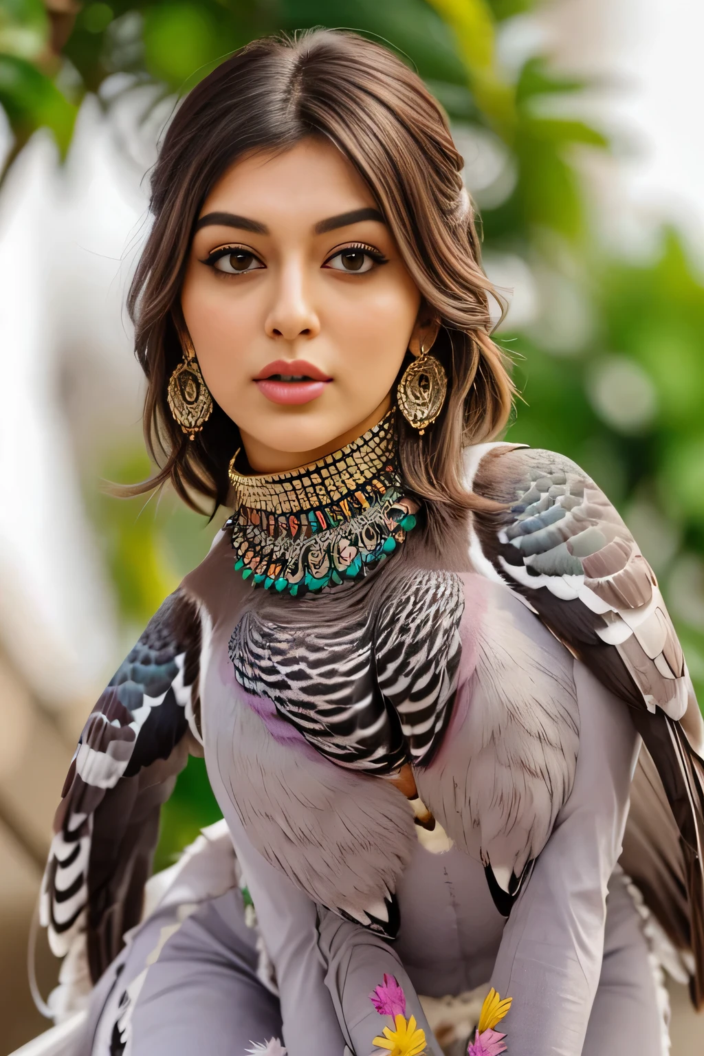 Hansika Motwani is a pigeon bird, She is a bird but her head looks like girl, from neck to full body looks like pigeon bird. Pigeon legs, pigeon wings. Bird body, pigeon body, perfect picture, perfect bird, real bird, Real head replace with real pigeon head. Exact Bird. Colorful pigeon.