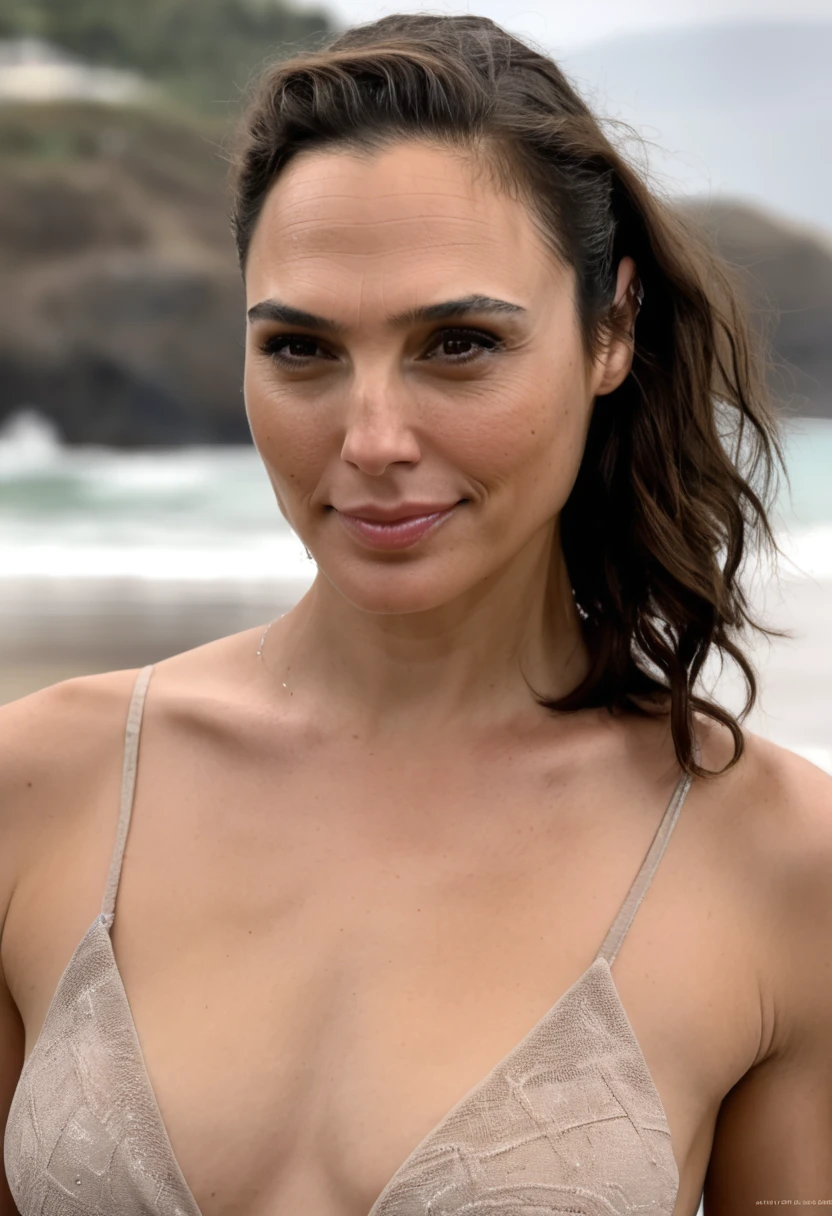 (high quality Nude woman     photograph)  (GalGadot , tired look, exhausted , 45yo woman,  on a beach , pale  skin tone ,( she is  nude on beach ocean , smiling , making her hair, galxgadt, pony ,shiny breast , topless, show her detailed shiny breast  ) photorealistic, oily skin texture , buttery brown skin ) ,celebrity erotic photograph , oily skin , shiny sweaty skin , celebrity, female, woman, hollywood actress, fleshy muscular woman , ( perfect anatomy ,natural lights, correct hands ,depth of field, insanely detailed skin texture, hyper detailed features, hyper photorealistic texture )