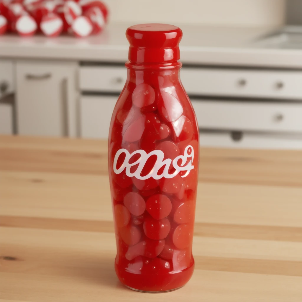 in the kitchen, on a wooden table, a red jelly bottle with a gummy candies inside of it, jelly texture, gummy texuture, candy, realistic texture, realistic style, detailed texture, high quality, high resolution, high quality rendering, realistic photo, brightning light, macro photo, ultra hd 4k