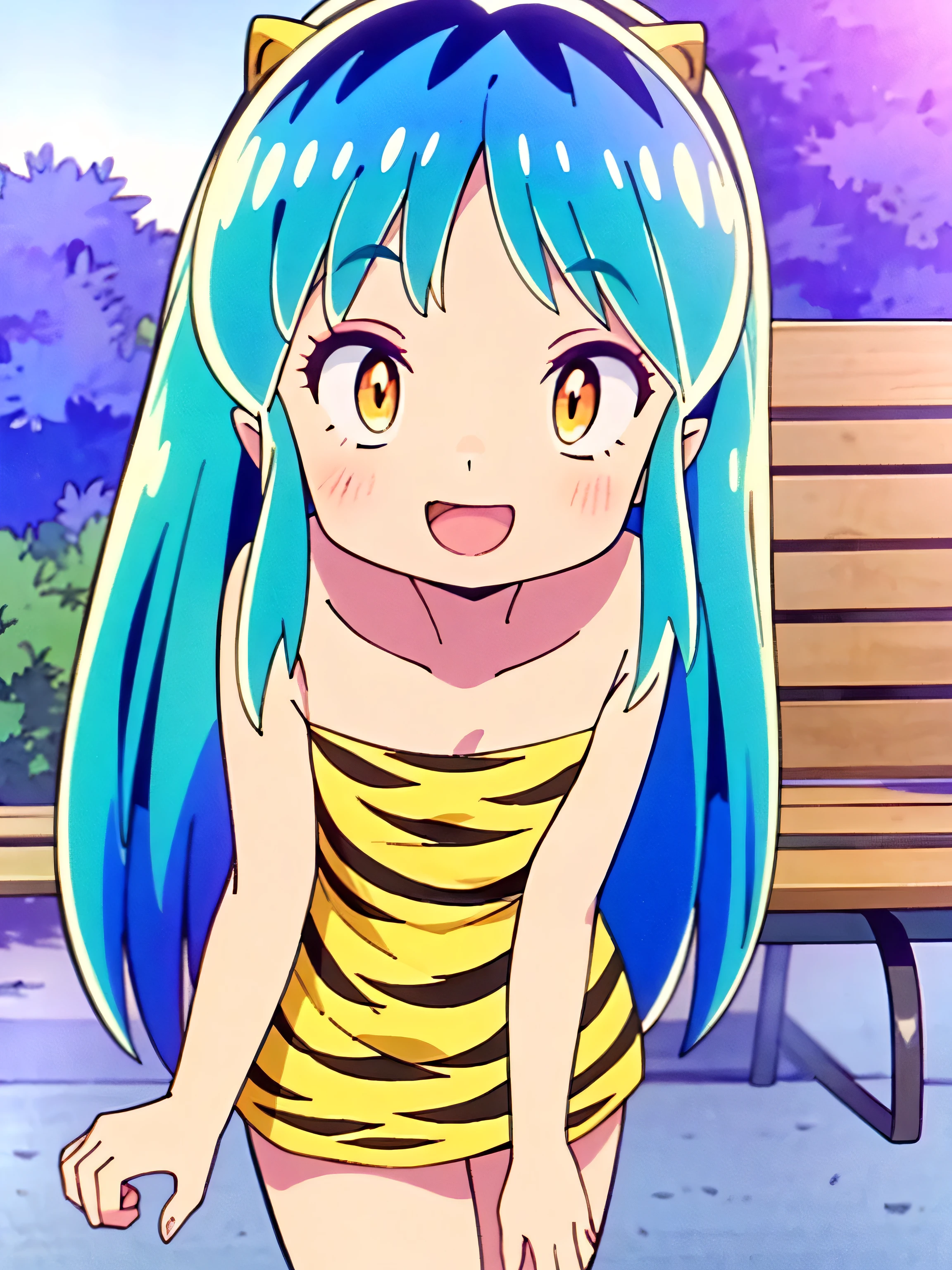 (masterpiece, high quality, 16k anime quality, anime style, retro art style, clean brush strokes, very detailed, perfect anatomy), (front view, from below), little girl, solo, (Ram), (beautiful eye details), yellow eyes, (multi-colored hair, aqua blue hair, long hair, thick unevenly parted bangs), open mouth, smiling, cowboy shot, collarbone, (little girl dress, children's clothing, leopard print), (dancing, fluttering, looking forward), looking at viewer, (park background, on a bench),