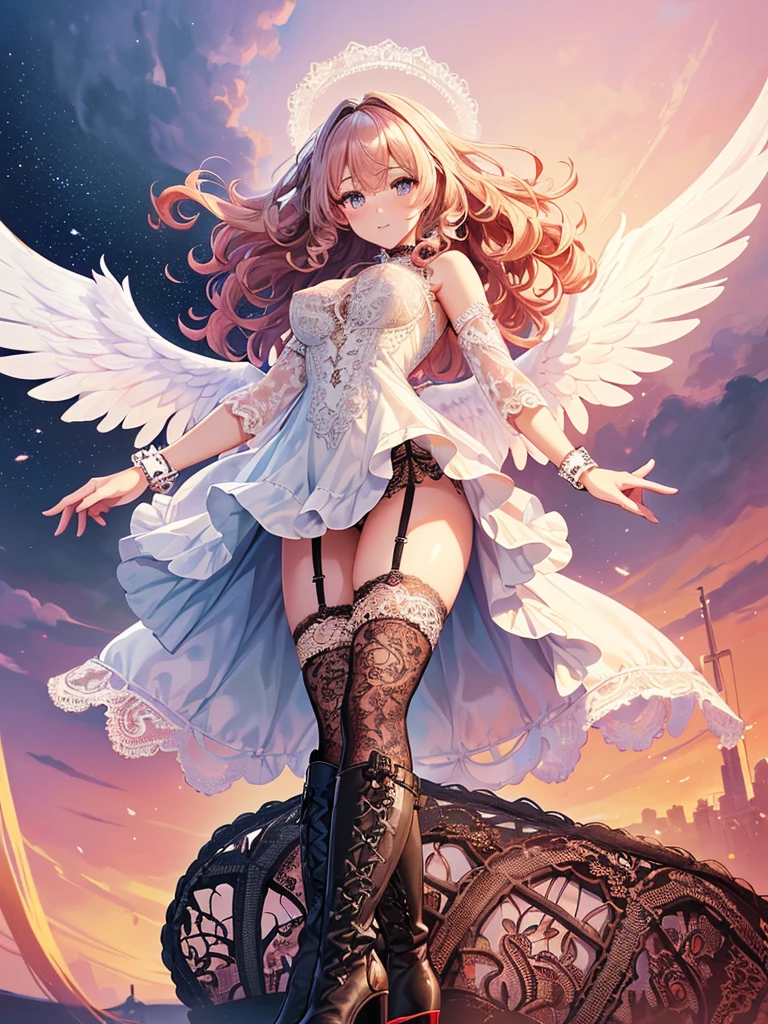 ((Highest quality)),(Ultra-high resolution),(Very detailed),(Detailed Description),((The best CG)),(A masterpiece),Ultra-detailed art,Amazing painting art,(Works with precise details:1.5), (1 female:1.6),(Beautiful and well-proportioned face:1.5),(Curly Hair:1.6),(Stylish lace dress with intricate details:2.0),Fine jewellery with exquisite detailing:1.5,Waist Accessories:1.5,Look at me and smile:1.5, See-through nipples, Angel Girl, (((Magnificent white angel wings on his back:1.2))), Mature Woman,Descended into the church,(Pastel colored hair:1.3),(Red and black long high heel boots:1.4), (garter belt), (stockings)、 (Floating in the sky with magical powers:1.2),(Floating skirt:1.5), (Embarrassed expression, blush:1.2),(bracelet),(heart choker), (Iridescent eyes)、(full body)、(multiple views)