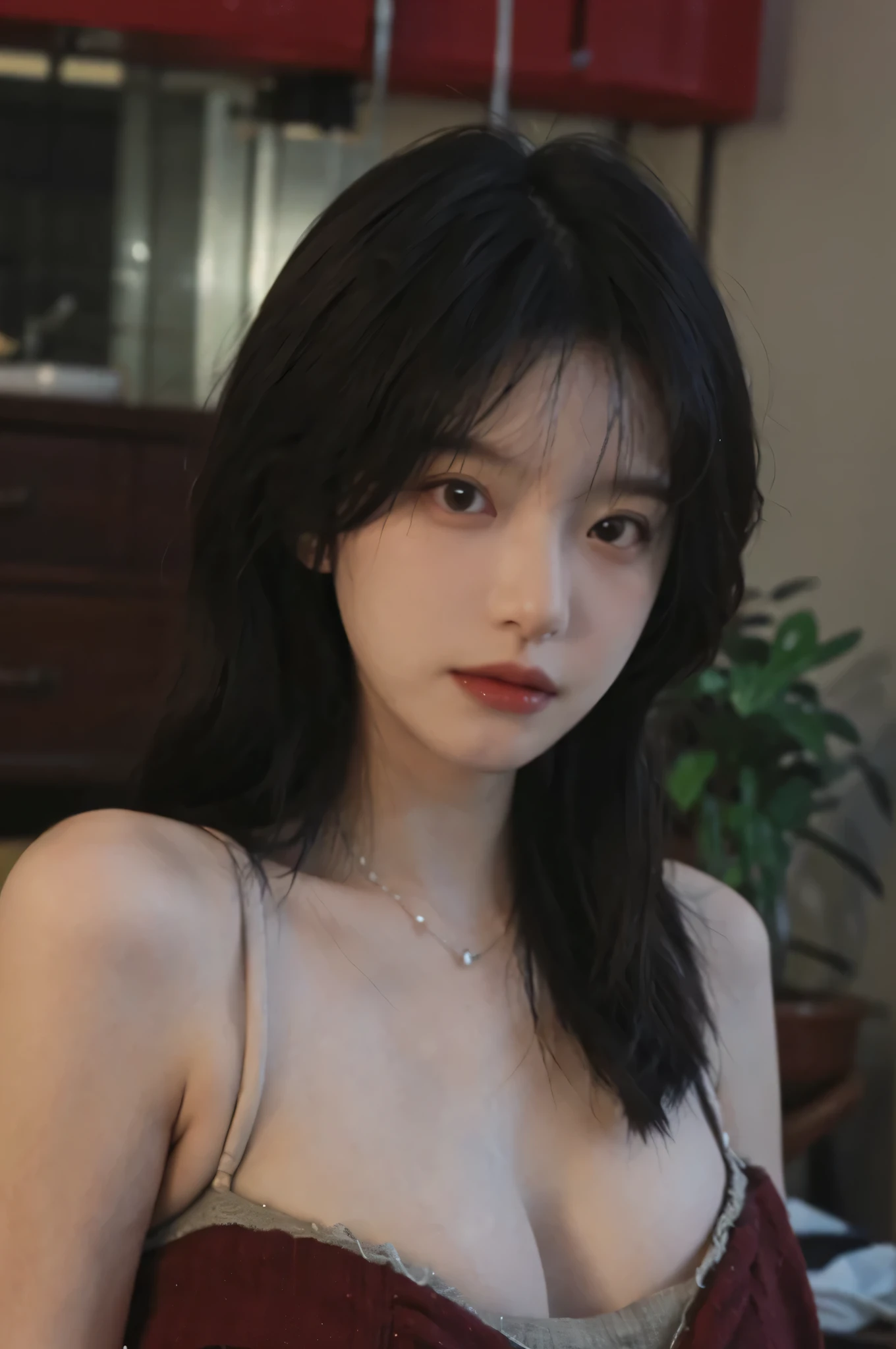 Film portrait photography, 2 girls, Bare shoulders,Lipstick,(flat chest:1.4), Wear a necklace,Cute expression,Exquisite makeup,Red suspenders,serene, calm, (Realistic and detailed eyes, Natural skin texture, Realistic facial details), Big breasts:1.6,Big Breasts,Soft dramatic lighting, Depth of Field, Bokeh, Vibrant details, Detailed and detailed, Surreal, 35mm film, hazy, ,