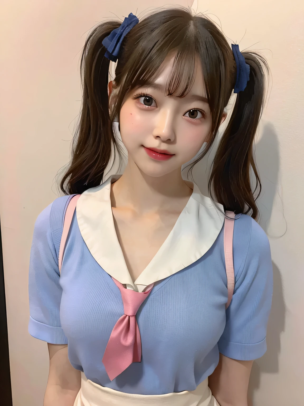 One person、、Full body photo,slender、woman、White drool coming out of the mouth、smile、、Short Twin Tails、 Fair skin, messy hair, super cute、Soft and Face、8K resolution、Surreal、Ultra high definition、 A-cup small breasts（（Highest resolution、8K、masterpiece：1.3））、Ultra-fine face、Ultra Fine Lips、Beautiful Eyes、double eyelid,Pink wall、Red tie、Light blue shirt、White Skirt、Thighs、thin,Thighsが見える、Shapely small breasts、sexy、So cute!