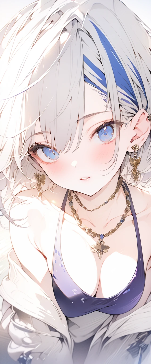 beautiful, masterpiece, Highest quality, anime, One girl, C Cup,Portrait Shot, View your viewers, Covered、Short Hair、nearby、Blue Eyes、art、、White hair,Blue streaked hair、High resolution、Purple Bikini、barefoot、Real Skin、Big earrings、necklace、Cowboy Shot、Off the shoulder、((Close-up))