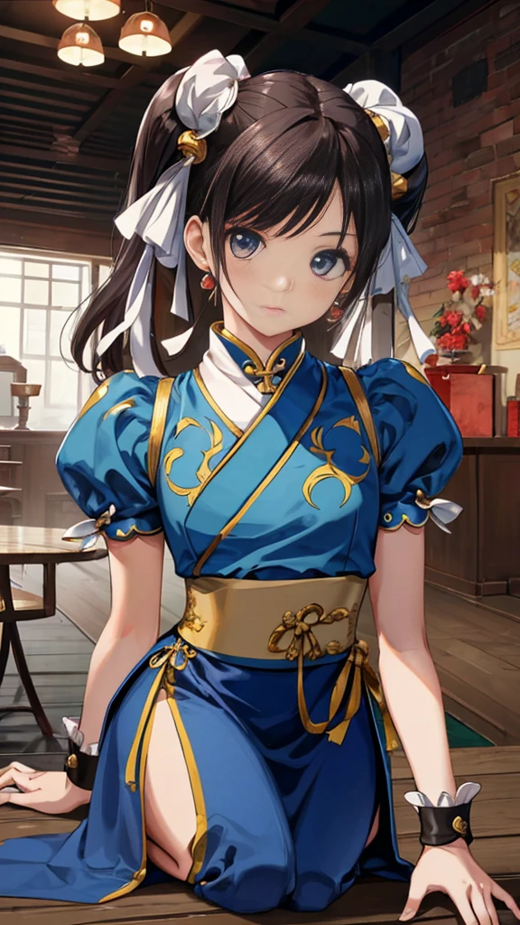 chun-li,((masterpiece)), ((best quality)), ((ultra detailed)), ((kawaii)), cute, (lovely), ((extremely detailed)), ((8K)), (beautiful),flat breast, tiny breast,full body