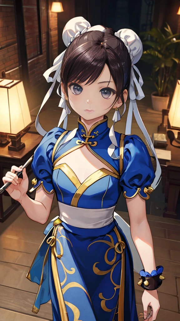 chun-li,((masterpiece)), ((best quality)), ((ultra detailed)), ((kawaii)), cute, (lovely), ((extremely detailed)), ((8K)), (beautiful),flat breast, tiny breast,full body