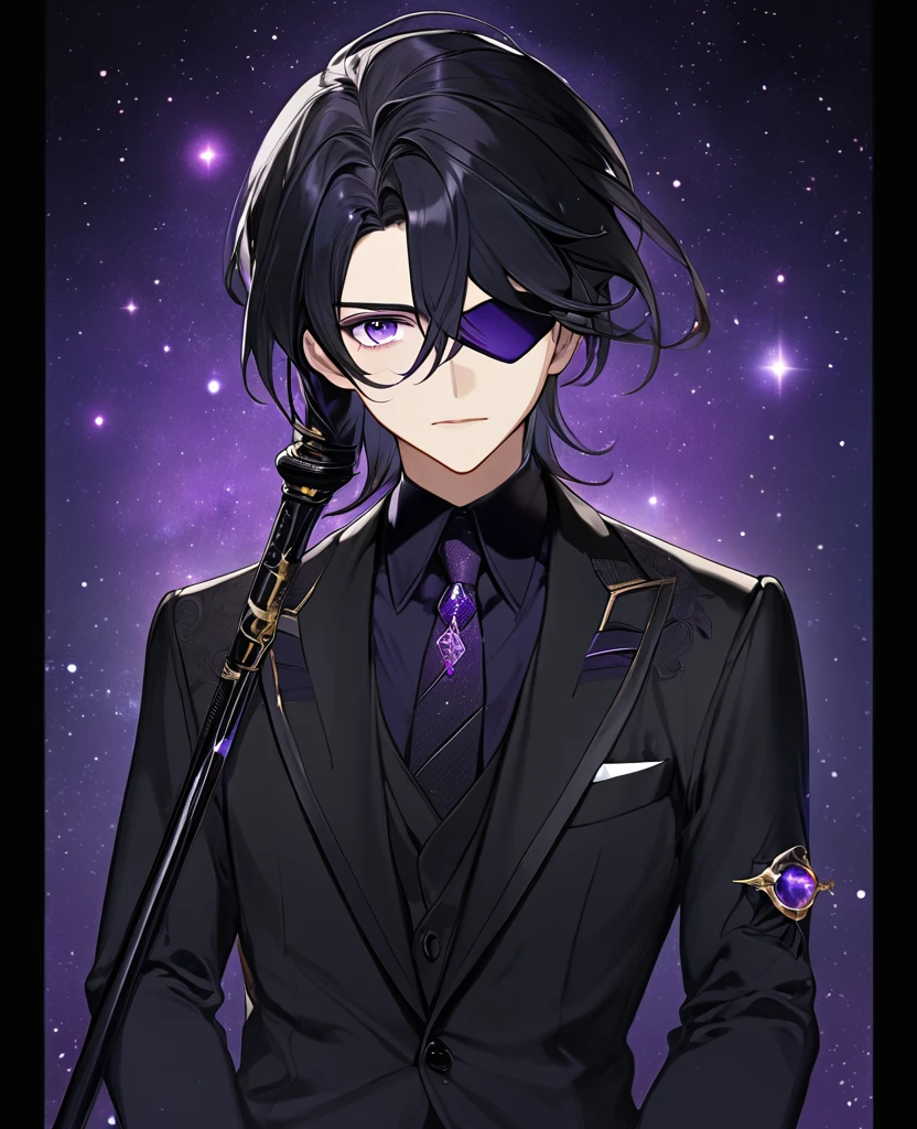 (black_hair), (long_male_hair), (deep_purple_eyes), (detailed_eyes), (attractive), (emotionless), (Deep_space_background), (male), (wearing _a_black_suit), (long_male_hair), (detailed_Hair), (detailed), (detailed_mouth), (mysterious), (complicated), (uses_cane), (eyebags)