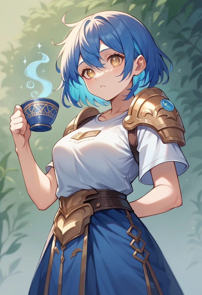 Chestnuts aligned to the shoulder（Tea）Colored Hair,Pure Gold Eyes,Blue padded armor on shoulders and left chest,Blue T-shirt and white shirt,Blue mini skirt,Blue boot style,Magic Mentor,girl