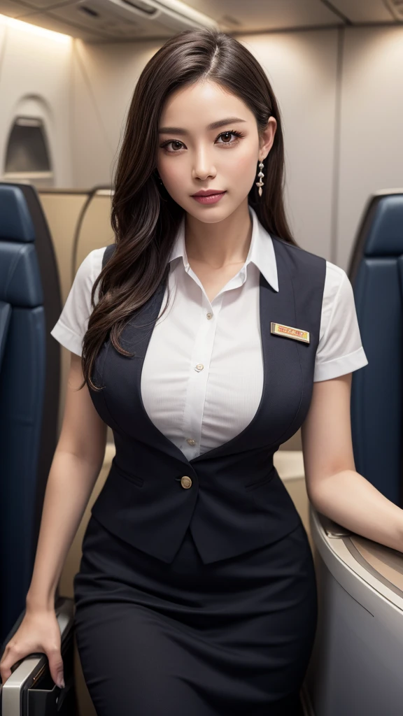 1woman, ((solo)), 40 years old, hyperdetailed face, detailed lips, detailed eyes, double eyelid, (Black bob hair), (Stewardess uniform:1.2), (Glamorous body), (huge breasts), light smile, thighs, (standing), perfect fit, perfect image realism, background with: (in an luxury airplane:1.3), Cowboy Shot, In-depth background, detailed costume, perfect lighting, Hyper-Realism, (Photorealsitic:1.4), 8K maximum resolution, (masterpiece), highly detailed, professional