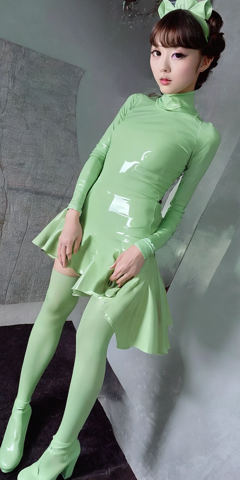Portraiture、(masterpiece,Highest quality,Ultra-high resolution),Japanese women, (((Very beautiful 25 year old girl))),(Pale green latex maid outfit)、(Pale green latex long skirt)、(A long-sleeved latex shirt that covers the upper body)、Pale green latex gloves、Pale green latex socks、Pale green latex bodysuit、Frills、The clothes fit snugly to the body、Latex is very shiny、Dark Room、