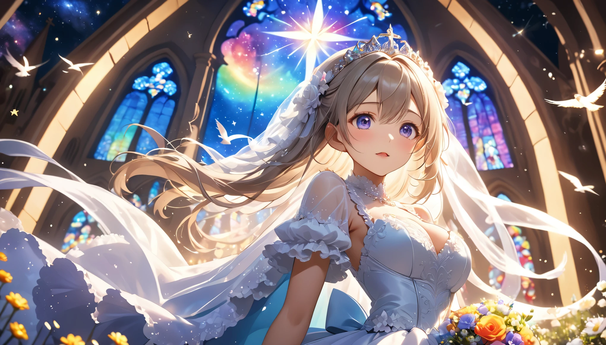 Highest quality, Super quality, 16K, Incredibly absurd, Very detailed, 2.5D, delicate and dynamic, church, Brightly colored stained glass, Small faint lights and flying fireflies, night, Starry Sky, milky way, nebula, shooting star, Flowers, birds, wind and moon, Extremely delicate facial expression, Delicate eye depiction, Upper body close-up, erotic, sole sexy lady, healthy shaped body, 22 years old lady, bride, 170cm tall, huge firm bouncing busts, Colorful tiaras, A long wedding dress with a complex structure, Colorful long wedding dress, frilly see-through long wedding dress, super long cape from head