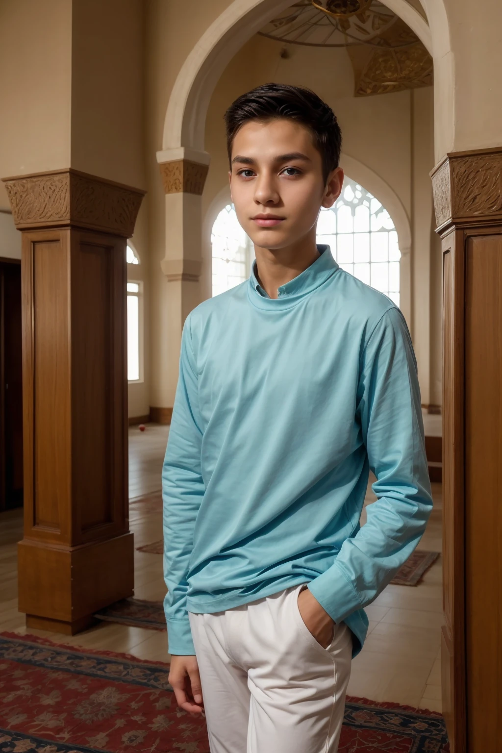 A beautiful young man, a cute male twink, with black hair, wearing a white long-sleeved shirt and aqua blue pants. He is in the prayer mosque, looking proud, with a face with reddish makeup.