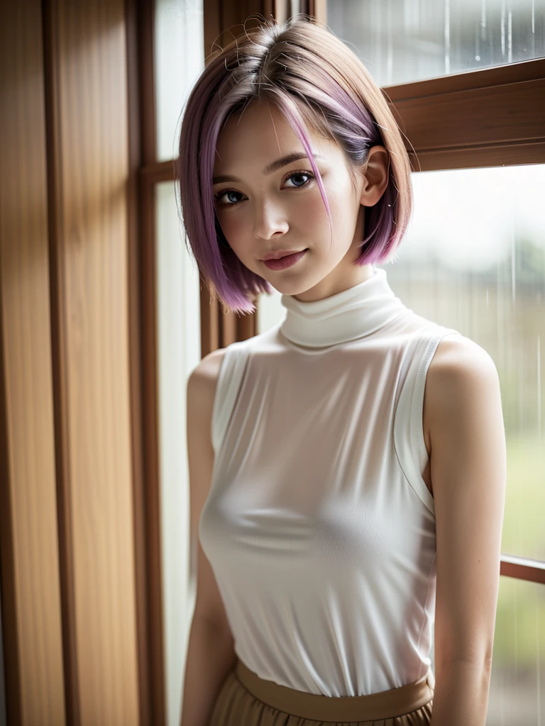 (masterpiece), (best quality), Ultra-high resolution, Raw photo, A photo-realistic, ((Looking outside by the window on a rainy day)), super cute woman, 1girl, (perfect face:1.2), (beautiful face:1.2), pale purple hair, short hair, (upper body:1.3), happy, light smile, looking out the window, pose, sheer turtleneck shirt, sleeveless shirt, indoors, morning time, intricate, depth of field, cinematic lighting,