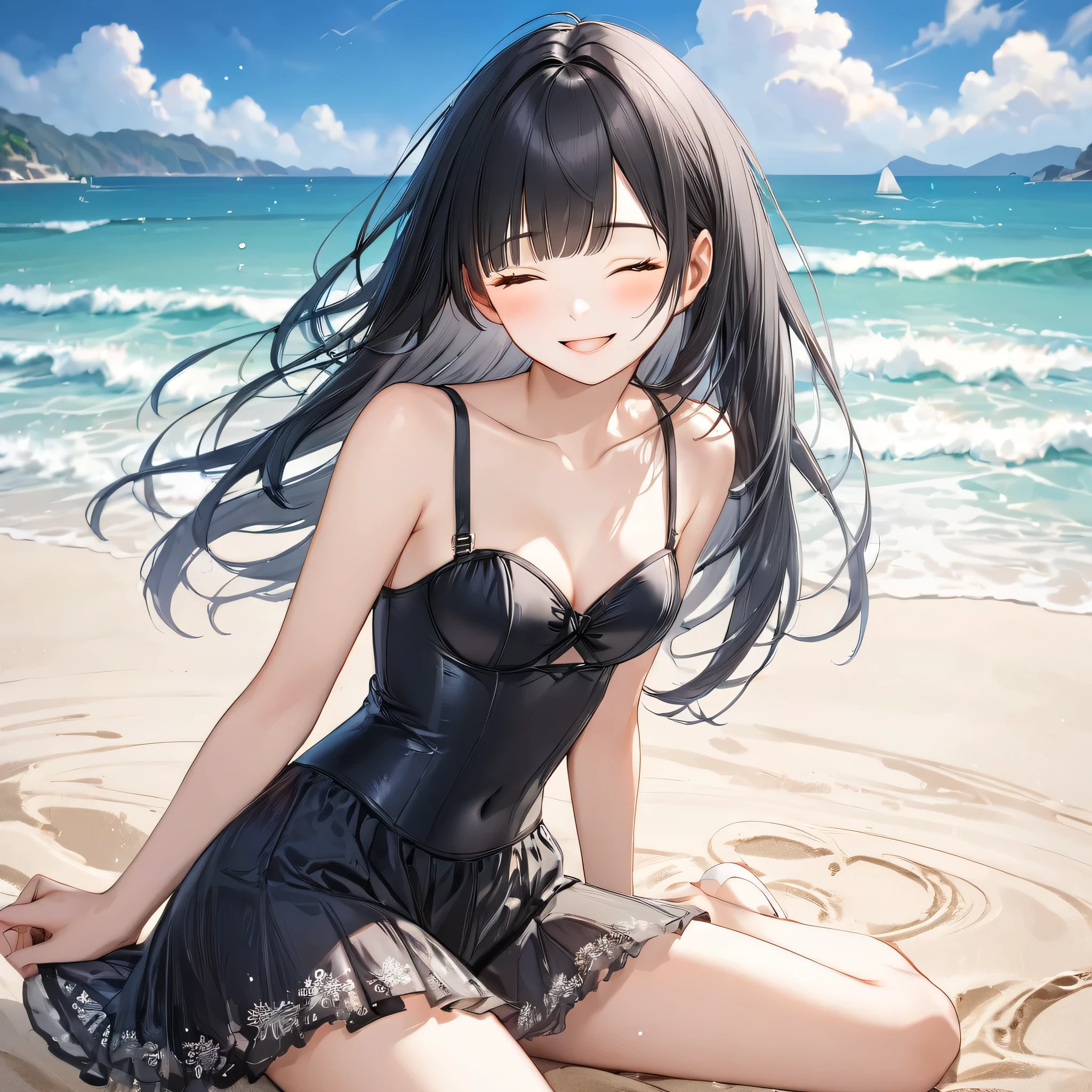 (enjoy style) (in a cute black Bustier Swimwear), (dynamic pose) ( yo, solo:2 blunt bangs:1.2, black hair long hair lovely girl, cute closed eyes, ecstasy love smile), break, in the beautiful Sandy Beach, background beautiful ocean), BREAK, perfect anatomy, masterpiece, best quality, 16k, beautiful detailed grow, daydreaming expression.
