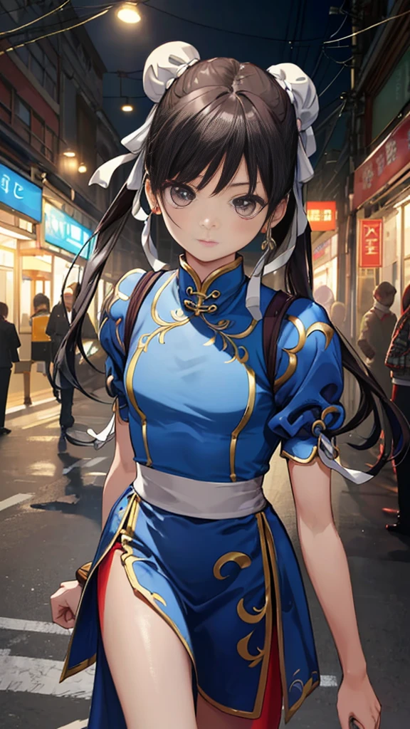 chun-li,((masterpiece)), ((best quality)), ((ultra detailed)), ((kawaii)), cute, (lovely), ((extremely detailed)), ((8K)), (beautiful),flat breast, tiny breast,full body