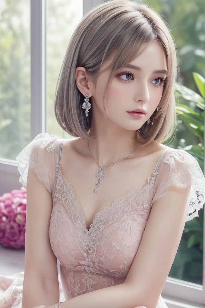 pink lace thong&Good, (((Very elegant and beautiful, Perfect detail, Super detailed))), whole body, The most detailed girl, Depth of written boundary, 美しく詳細なwhole body, Thin legs, 1 girl, 30 years old, Very short hair, Spiked Hair, Gray and silver hair, Beautiful detailed hair, Perfect Face, Expressionless, Beautifully detailed deep eyes, Open your mouth a little, Delicate arms and hands, Pale skin, Earrings, Beautiful and gorgeous necklace, Colorful background, HD background, Blurred Background, Very delicate and beautiful, Masterpiece, (((Highest quality, Very beautiful 8K CG wallpaper))), (((Trendy hairstyles))), (Inside the room,Stylish interior,window),
