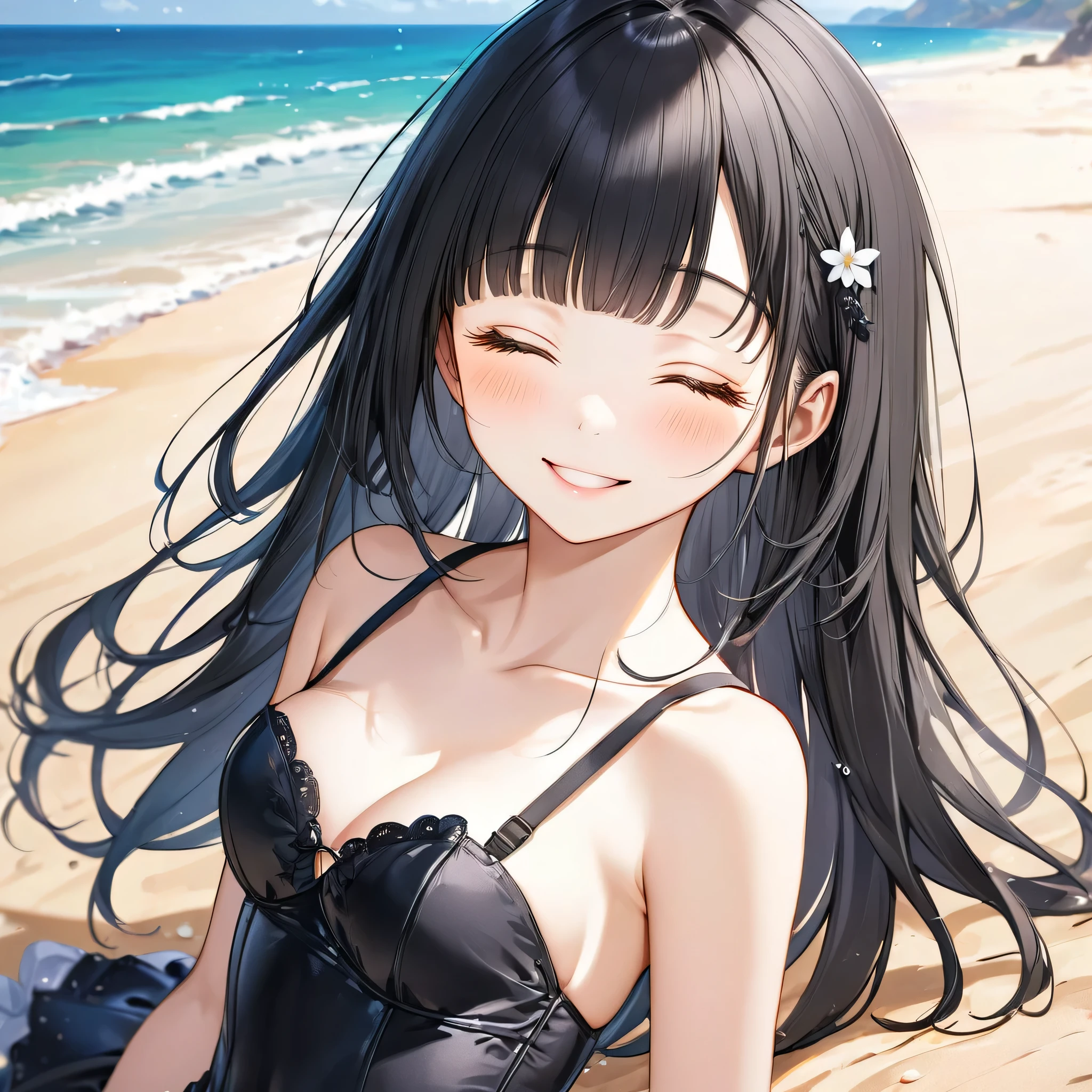 (enjoy style) (in a cute black Bustier Swimwear), (dynamic pose) ( yo, solo:2 blunt bangs:1.2, black hair long hair lovely girl, cute closed eyes, ecstasy love smile), break, in the beautiful Sandy Beach, background beautiful ocean), BREAK, perfect anatomy, masterpiece, best quality, 16k, beautiful detailed grow, daydreaming expression.