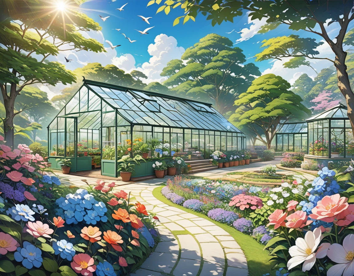 Large and peaceful garden, Green and floral maze,The sound of a trickling fountain harmonizes with the chorus of birds., The air is full of flowers々Filled with the scent of, Paintings of natural beauty and serenity, Inviting the viewer into a living, restful painting.A glass greenhouse stands in one corner.、Sunny blue sky、