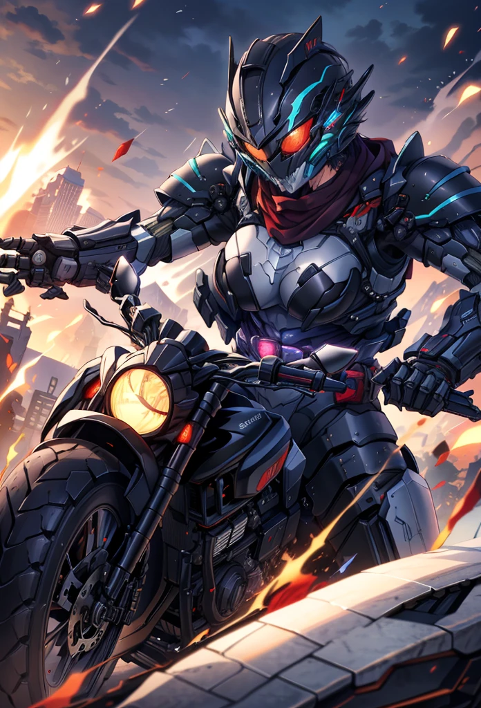 (masterpiece:1.2), best quality, high resolution, extremely detailed CG, absurdres, highres,1girl, solo, ((female)), ((breasts)), black powersuit, black armor, on a cyber motorcycle, red_scarf, mecha_armored, mecha_belt, headgear