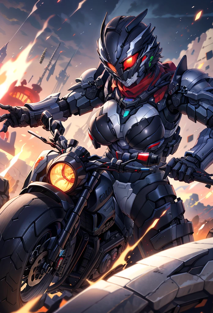 (masterpiece:1.2), best quality, high resolution, extremely detailed CG, absurdres, highres,1girl, solo, ((female)), ((breasts)), black powersuit, black armor, on a cyber motorcycle, red_scarf, mecha_armored, mecha_belt, headgear