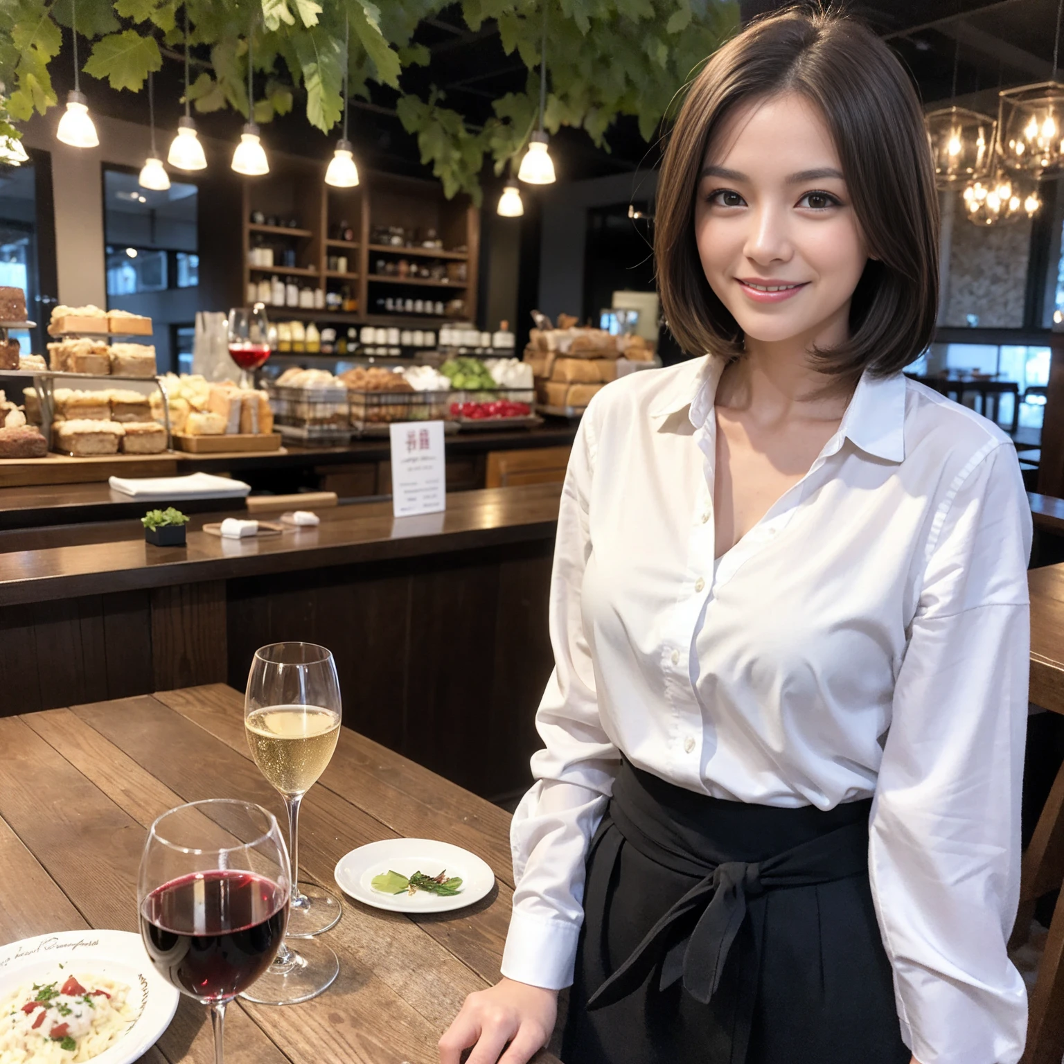 ((Highest quality、8K、masterpiece:1.3))、1 male、1 female、Couple、spouse、Couple、The body is slim、((Bob Hale、Straight hair:1.2)), (Realistic, Intricate details:1.2), テーブルの上のwine glass、Put the light on your face、 Amazing view of the sunset sky and clouds、Amazing mountain views、A bright smile、The wonderfulness of smile、Bright image、The beauty of wine, Beautiful Face, blue eyes, The light shines on your face, Blushing, short hair,Bright Face、 (Age 37), 39 years old, red wine 、Appetizers、Italian food、Wine bottle、Champagne、sparkling wine、Two beauties、Brown Hair、Shortcuts、Long sleeve shirt、dress、Beautiful woman 1, (slimな顔), (The body is slim), (Brown Hair), (Shortcuts), cheeks turn a little red,Attractive beauty、restaurant, In a prominent place (From the waist up) Nova Frog Style, actress, model, Upper Body, White wine, slim, wine glass, 中央に置かれたwine glass, smile, (smile: 1.15), Beautiful fine grain, Depth f/2,saturation, High Contrast, Strong light and shadow,Moist Body:1.5、3D texture、Delicate eyes、Brown Hair、The hair is very shiny、
