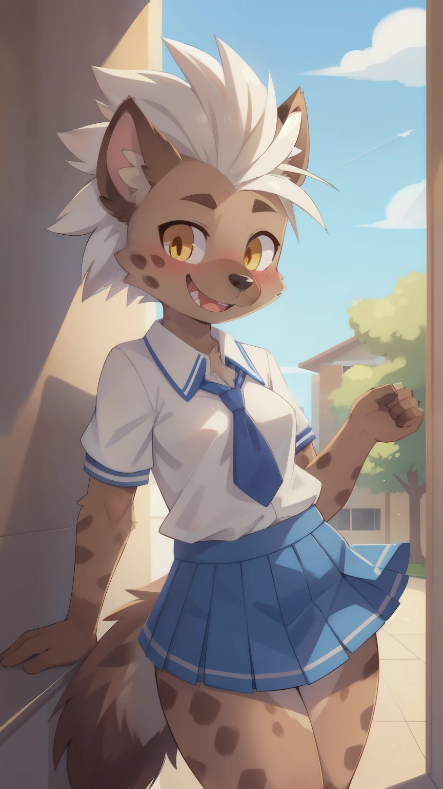 score_9,score_8_up,score_7_up, source_cartoon, source_furry, hyena girl, yellow eyes, hyena tail, white hair, mohawk hairstyle, spiky hair, furry, blush, looking at viewer, sharp teeths, smile, 1girl, hyena ears, furry female, two tone body fur, brown body fur, clear brown body fur, ((school uniform shirt, blue skirt)), school, clear sky, uperbody