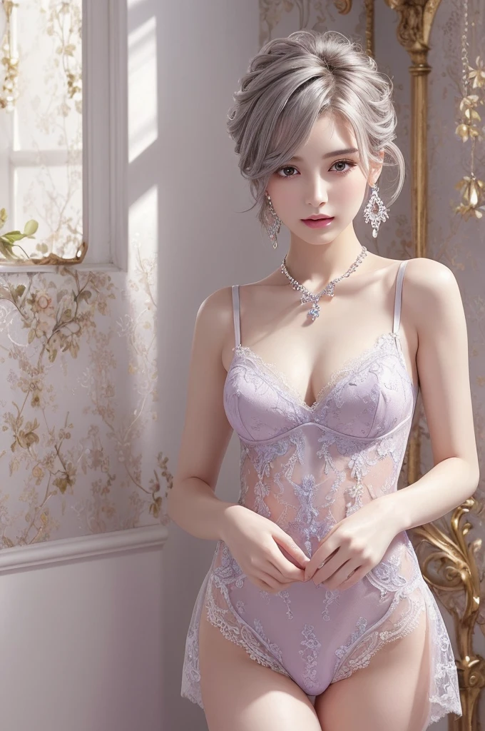 purple lace thong&Good, (((Very elegant and beautiful, Perfect detail, Super detailed))), whole body, The most detailed girl, Depth of written boundary, 美しく詳細なwhole body, Thin legs, 1 girl, 30 years old, Very short hair, Spiked Hair, Gray and silver hair, Beautiful detailed hair, Perfect Face, Expressionless, Beautifully detailed deep eyes, Open your mouth a little, Delicate arms and hands, Pale skin, Earrings, Beautiful and gorgeous necklace, Colorful background, HD background, Blurred Background, Very delicate and beautiful, Masterpiece, (((Highest quality, Very beautiful 8K CG wallpaper))), (((Trendy hairstyles))), (Inside the room,Stylish interior,window),