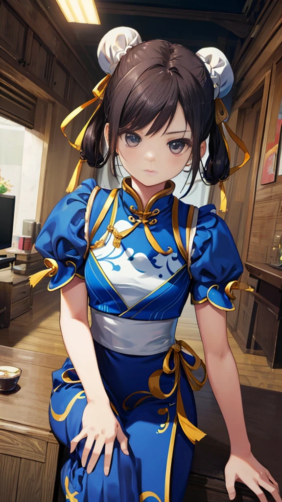 chun-li,((masterpiece)), ((best quality)), ((ultra detailed)), ((kawaii)), cute, (lovely), ((extremely detailed)), ((8K)), (beautiful),flat breast, tiny breast,full body