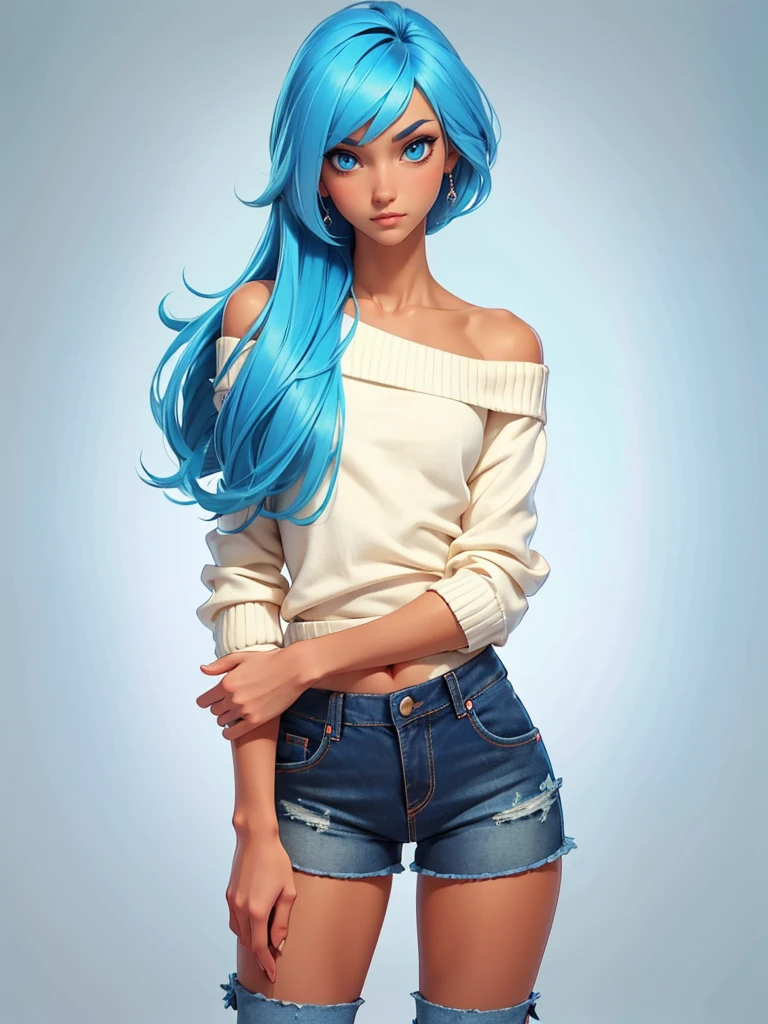 (best quality), 1boy, tanned skin, blue hair, long hair, side bangs, beautiful hairstyle, blue eyes, perfect eyes, femboy, slender, handsome, attractive, off-shoulder_sweater, denim_shorts, thighhighs, skinny body, masterpiece, anatomically correct, highres
