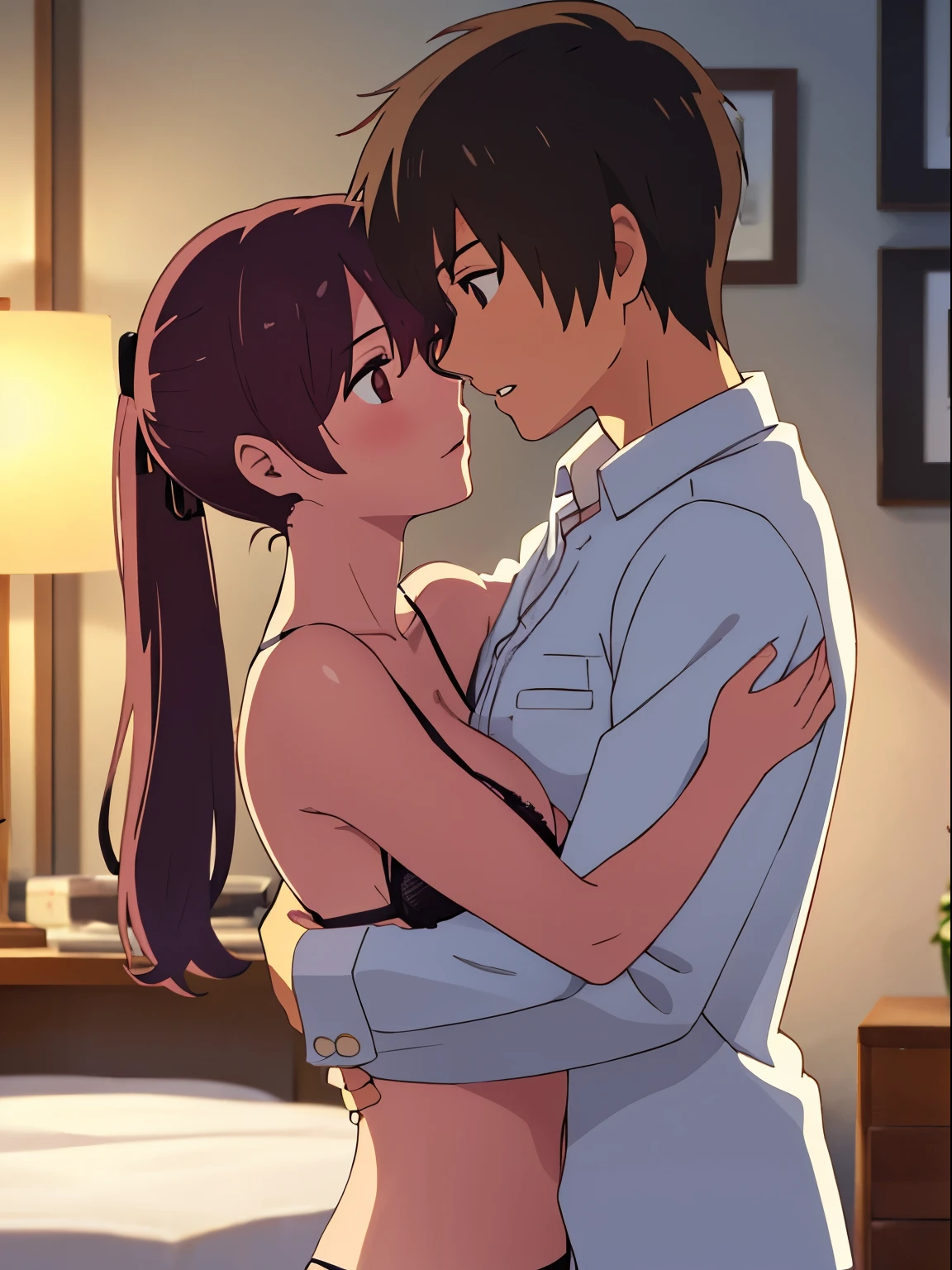1boy, muscular, brown hair, brown eyes, naked, passionate hug, head to breast, head hugging breast, head hug breast, 1girl, light maroon hair, long curly hair, ponytail with black ribbon, two strands framing her face, Brown eyes, light pink lips ,white long sleeves buton, unbuttoned shirt, open shirt, off shoulders, unclothing, medium breast, black bra, black panties,parted lips, sexy pose, cute, indoors, night, bedroom, lamp, lights off Waiting