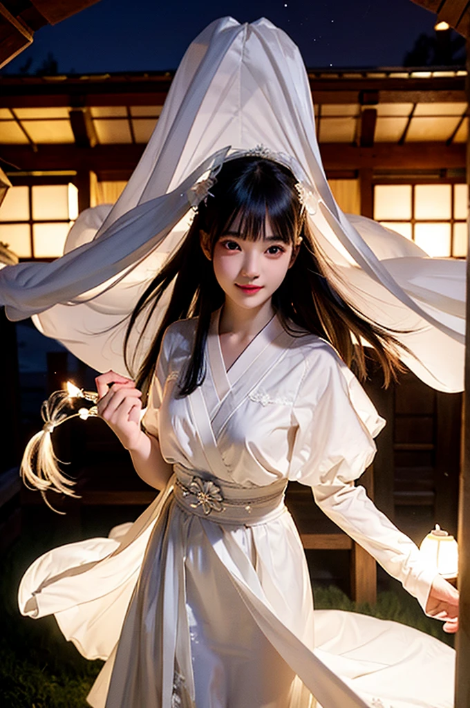 1girl, ghost girl, silver hair, white eyes, white skin, smile, long hair, flies, levitates in the air, white sheet, white cape, ghost, ghostly, translucent, holds a lantern, japanese lantern,  night, the moon, objects are flying