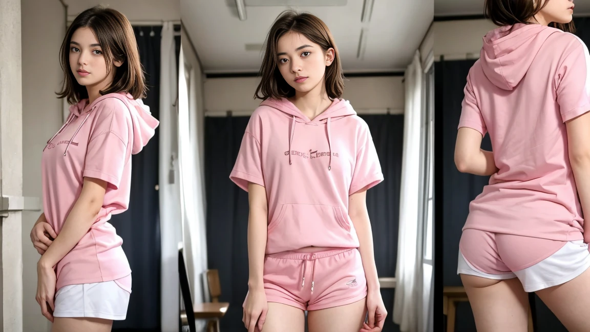 deux femmes ensemble de 18 ans sexy et mince , pink short sleeve hoodie , salle de classe, se touche,position sey,sensuel