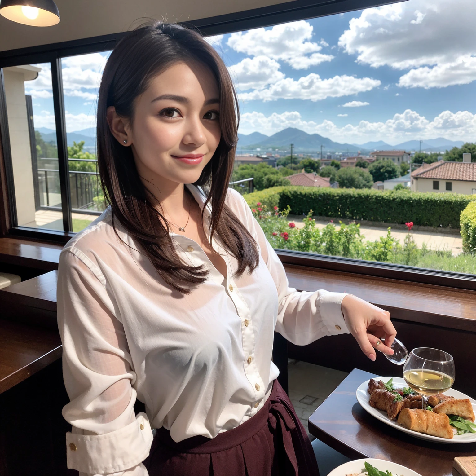 ((Highest quality、8K、masterpiece:1.3))、1 male、1 female、Couple、spouse、Couple、The body is slim、((Bob Hale、Straight hair:1.2)), (Realistic, Intricate details:1.2), テーブルの上のwine glass、Shine light on your face、 Amazing view of the sunset sky and clouds、Amazing mountain views、A bright smile、The wonderfulness of smile、Bright image、The beauty of wine, Beautiful Face, blue eyes, The light shines on your face, Blushing, short hair,Bright Face、 (Age 37), 39 years old, red wine 、Appetizers、Italian food、Wine bottle、Champagne、sparkling wine、Two beauties、Brown Hair、Shortcuts、Long sleeve shirt、dress、Beautiful woman 1, (slimな顔), (The body is slim), (Brown Hair), (Shortcuts), cheeks turn a little red,Attractive beauty、restaurant, In a prominent place (From the waist up) Nova Frog Style, actress, model, Upper Body, White wine, slim, wine glass, 中央に置かれたwine glass, smile, (smile: 1.15), Beautiful fine grain, Depth f/2,saturation, High Contrast, Strong light and shadow,Moist Body:1.5、3D texture、Delicate eyes、Brown Hair、The hair is very shiny、