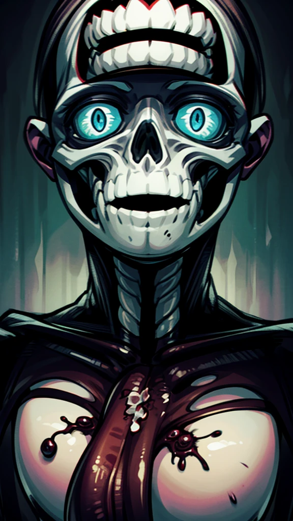 a woman with a horrifying face, extremely ugly and distorted features, sunken eyes, gaping mouth, rotting skin, a skeletal body, unhealthy and uncomfortable appearance, in a dark, unsettling horror atmosphere, highly detailed, photorealistic, 8k, best quality