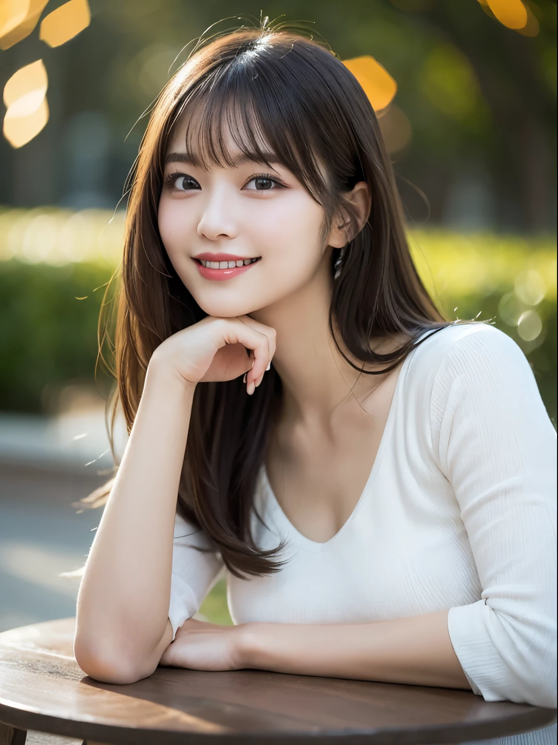 Tabletop, Highest quality, Realistic, In detail, High resolution, 8k wallpaper, Perfect dynamic composition, Beautiful details, Medium Straight Hair, Random sexy poses,Random Situation、Light black tight knit shirt、(Beautiful breasts 1.3)、Big smile、Bokeh、nature、Age 25、(Droopy Eyes 1.3)、Adult Beauty、Japanese
