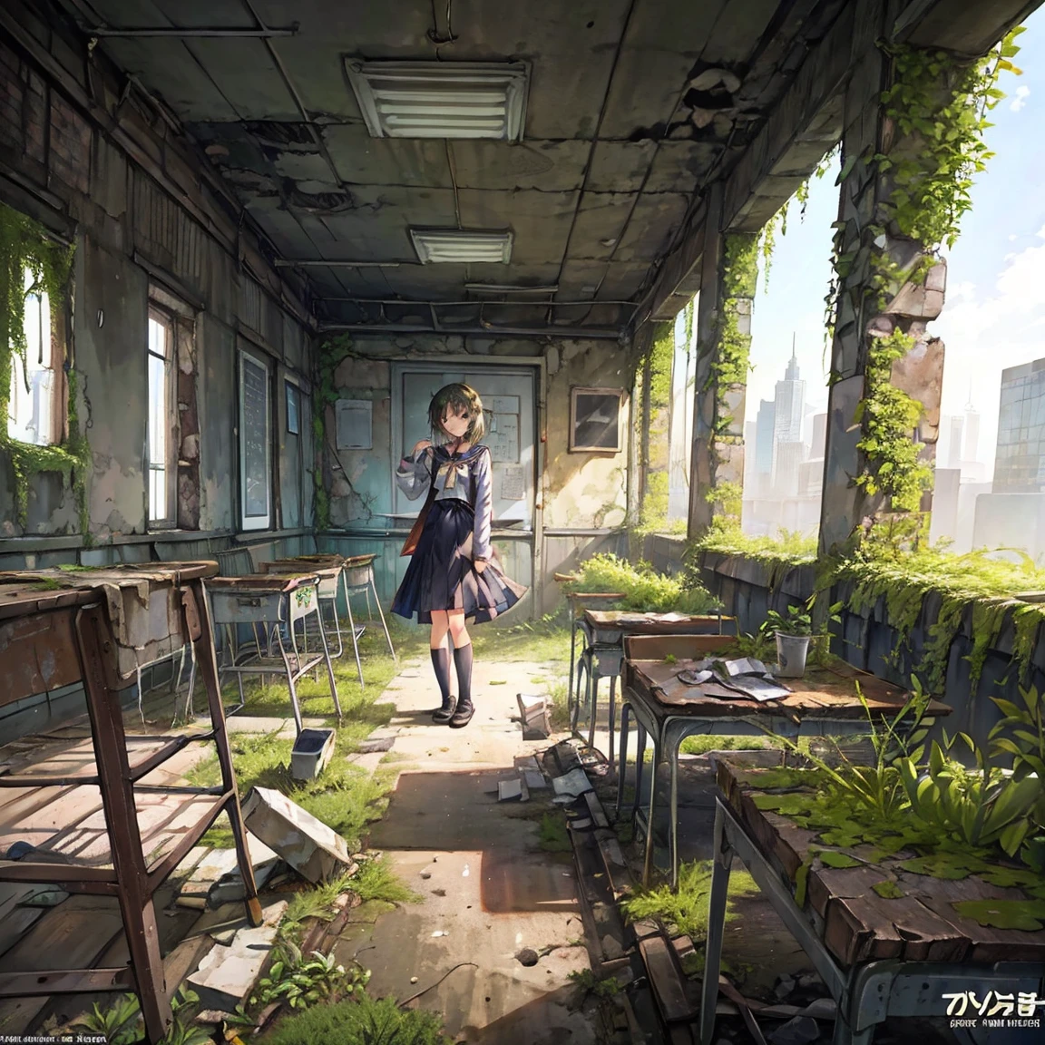 Concept art of a post-apocalyptic world with ruins, overgrown plants, flat chest，((the only girl who survived))，The content is very detailed,Detail view，anime，master piece，dilapidated building right sun，Dilapidated classrooms，Shabby table，Broken chair，open air，(covered with moss and grass)，3、Four&#39;afternoon clock，((Remains))，((A girl is sitting in the classroom and looking into the distance)),side，uniform，twisted braids，vanishing point, prospect, movie lighting，close-up shot shot