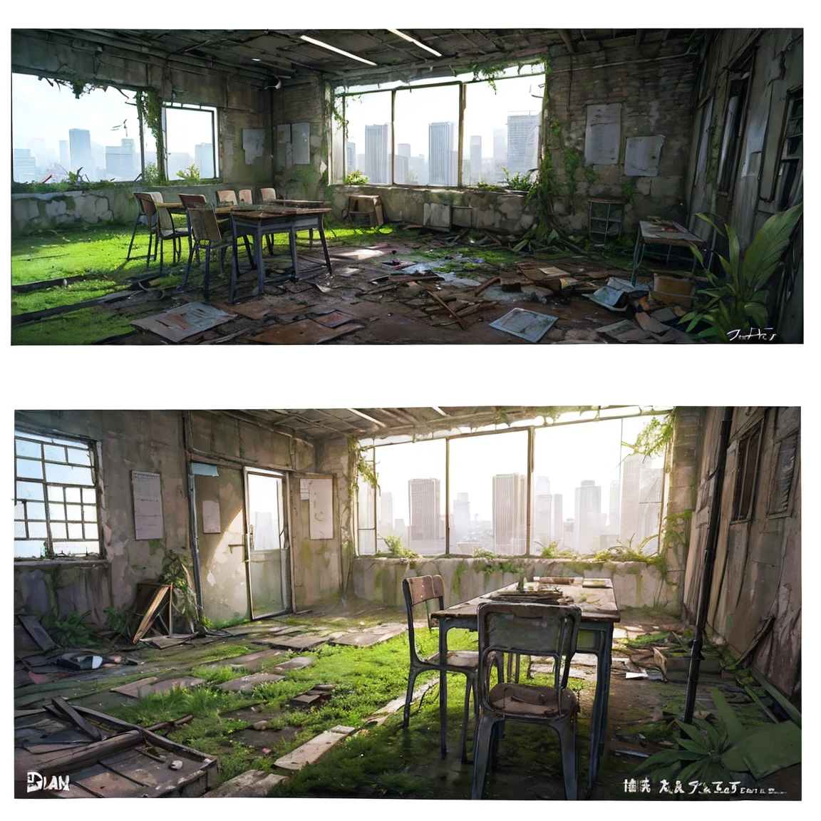 Concept art of a post-apocalyptic world with ruins, overgrown plants, flat chest，((the only girl who survived))，The content is very detailed,Detail view，anime，master piece，dilapidated building right sun，Dilapidated classrooms，Shabby table，Broken chair，open air，(covered with moss and grass)，3、Four&#39;afternoon clock，((Remains))，((A girl is sitting in the classroom and looking into the distance)),side，uniform，twisted braids，vanishing point, prospect, movie lighting，close-up shot shot