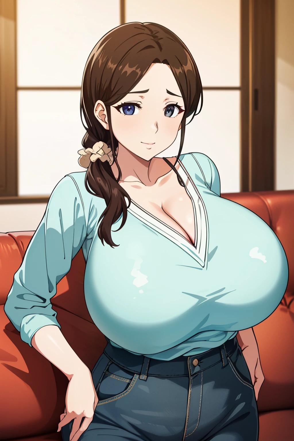 (超High resolution,4K,Very detailed, photograph, 8K, High resolution, High resolution, Absurd:1.2),40-year-old Japanese woman,expensive,Long black hair,Beautiful character design,Beautifully detailed eye depiction,Perfect Face,Expressive eyes,Brown eyes,Natural smile,Buttoned shirt,Blue denim pants,(Huge breasts:1.2),Tight waist,In the living room,Daytime,face